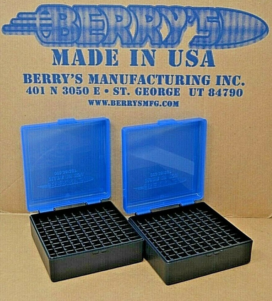 38 / 357 BERRY AMMO BOXES 100 ROUND STORAGE & RELOADING (2-Pack BLUE / BLACK)