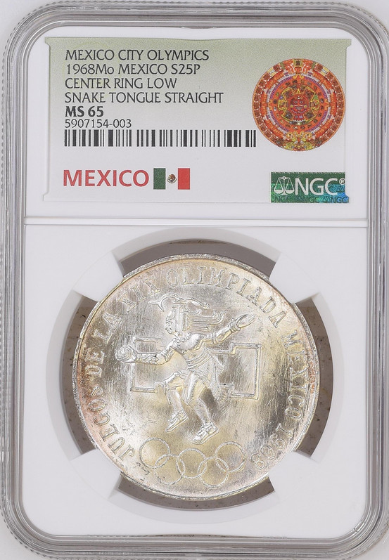 :1968 Mo S25-PESOS MEXICO CITY OLYMPICS NGC MS65 UNEVEN RINGS STRAIGHT TONGUE II