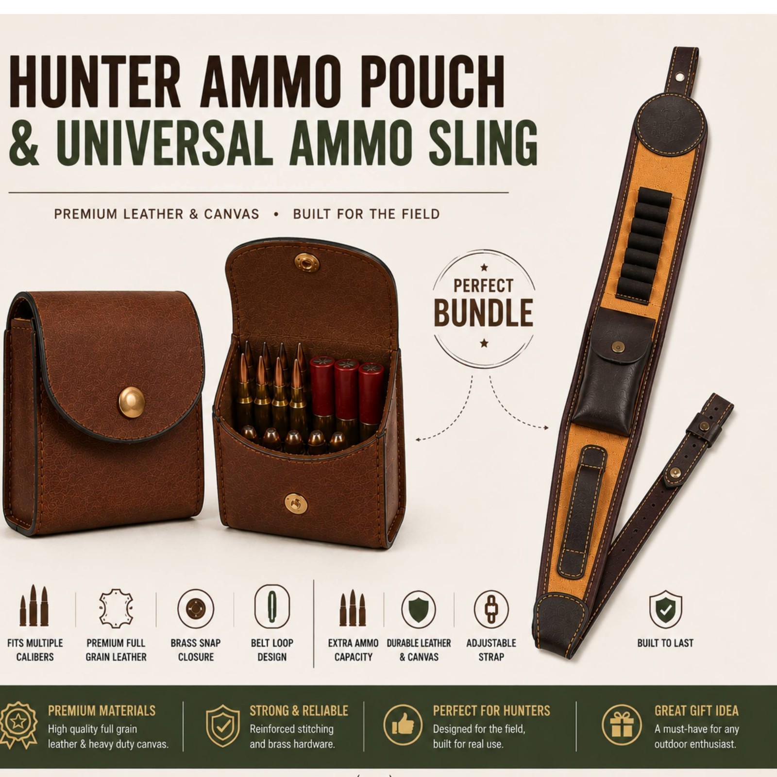 Leather Rifle Sling + Universal Ammo Pouch Set Cartridge Holder Hunting Brown