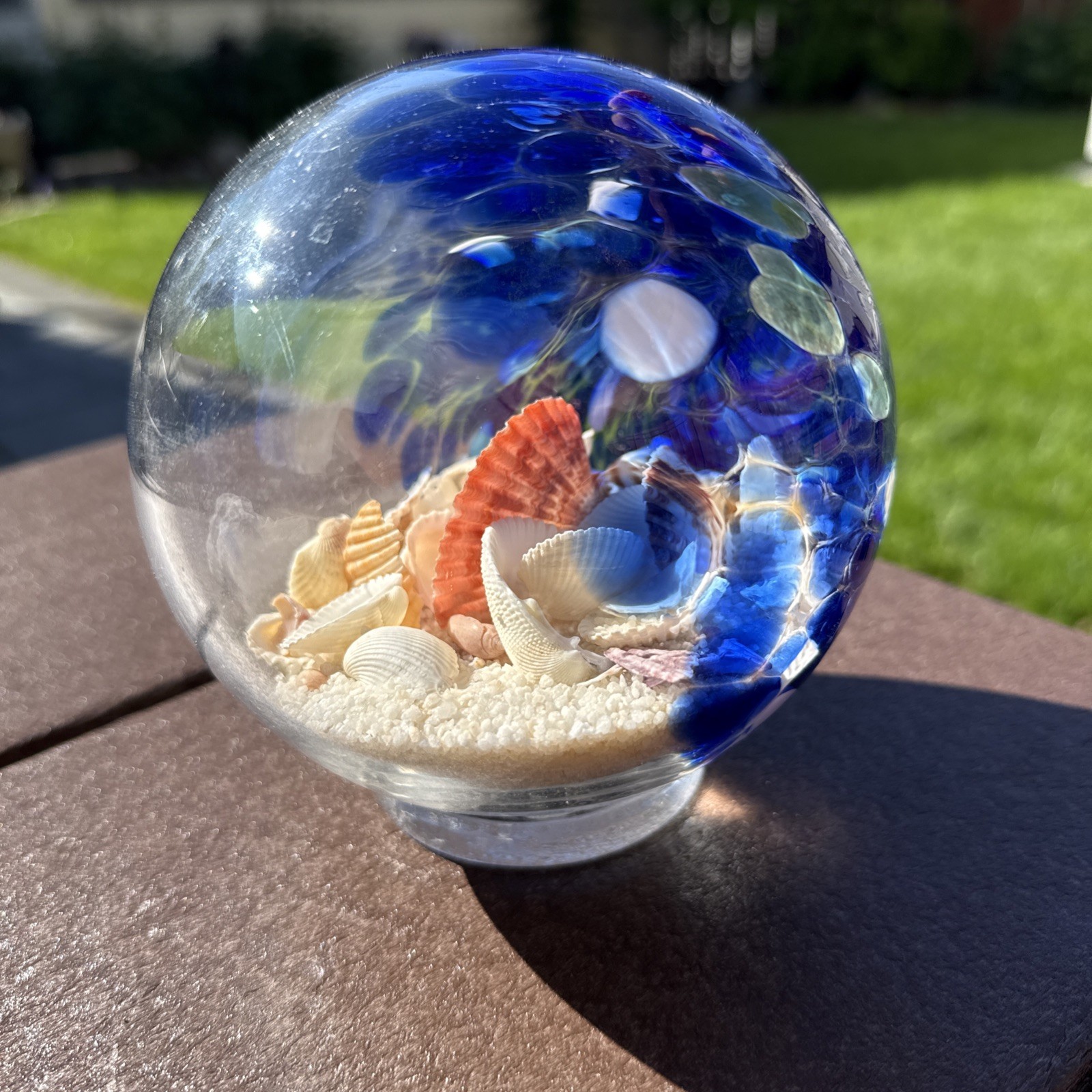 Large Hand Blown Ocean Waves Orb Globe Ball With Sand & Seashells 5.5”