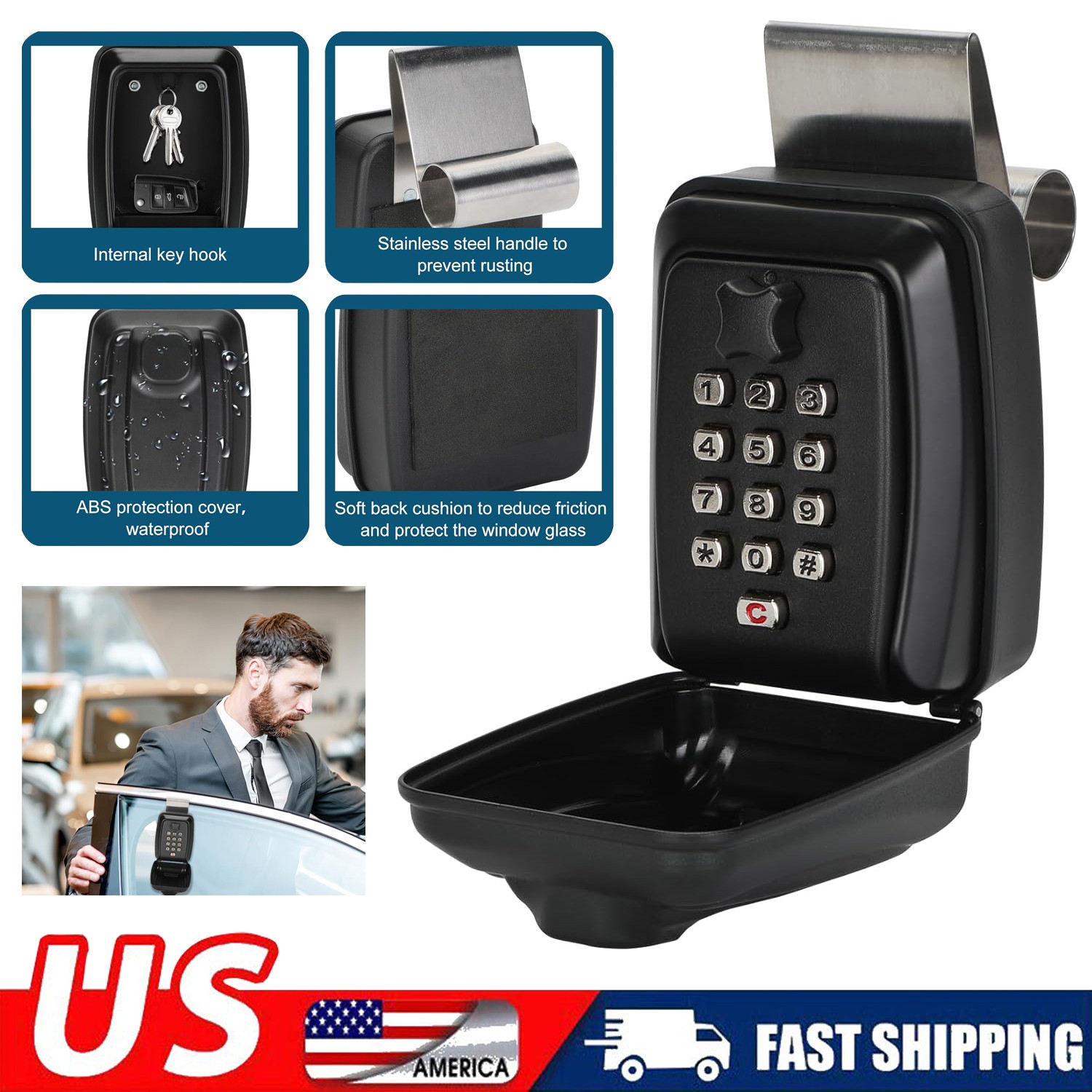Car Window Lock Box for Turo, Black Portable Lockbox for Car Keys, Car Key Lock