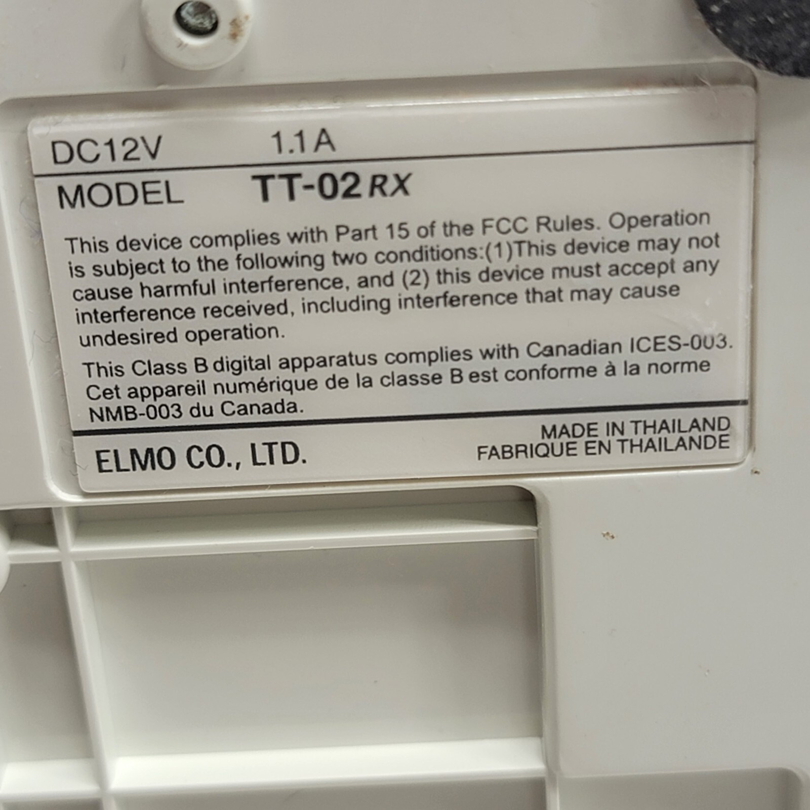 Elmo Model TT-02RX Document Camera Visual Presenter - POWER SUPPLY NOT INCLUDED!