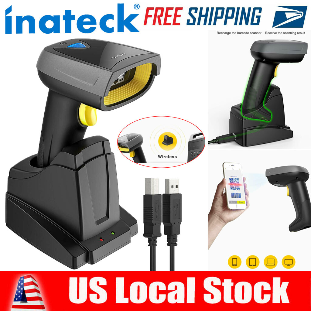1D 2D Barcode Scanner Wireless Bluetooth QR Code Gun Read Screen Smart Base