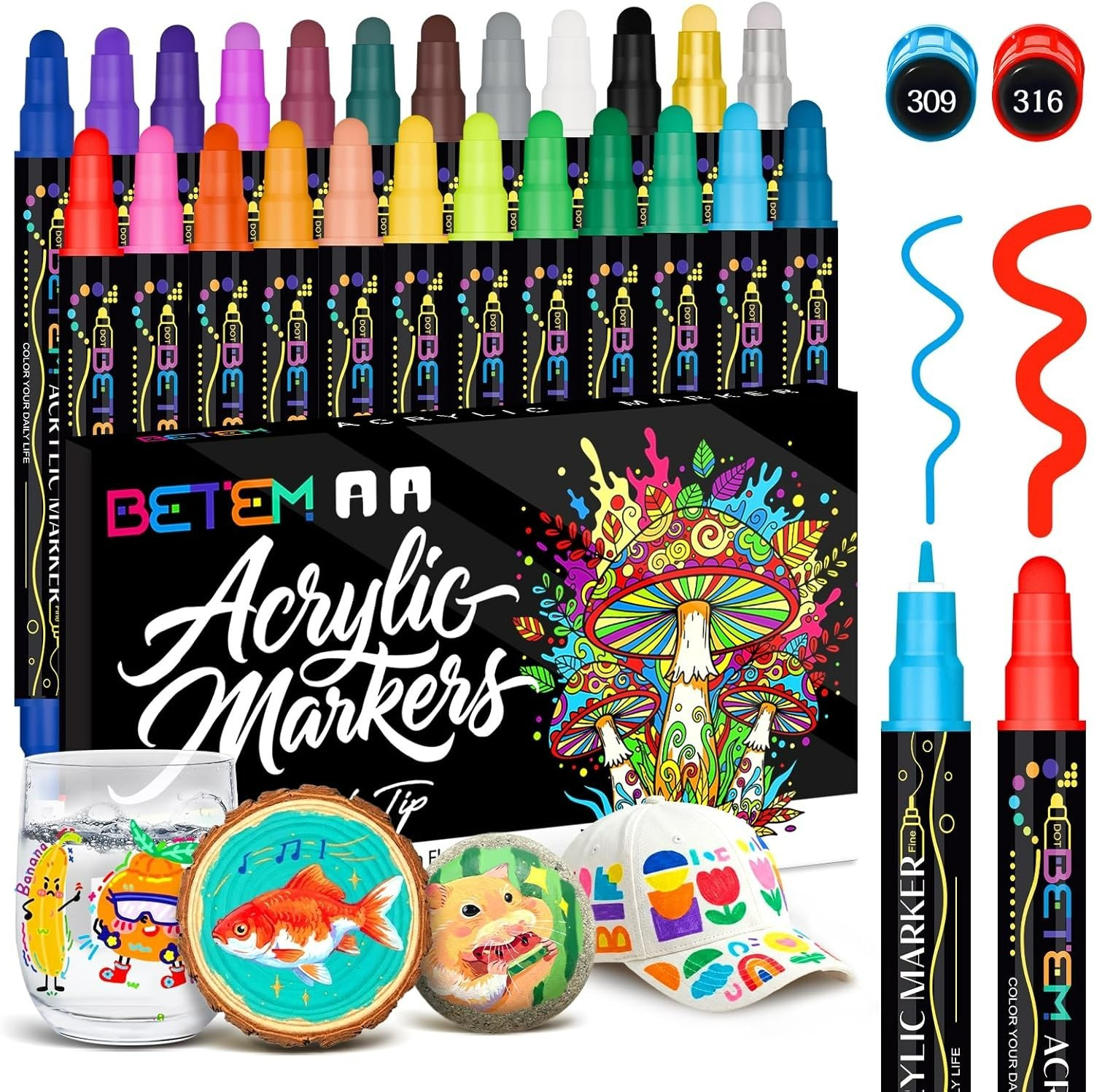 Betem 24 Colors Dual Tip Acrylic Paint Pens Markers, Premium Acrylic Paint Marke