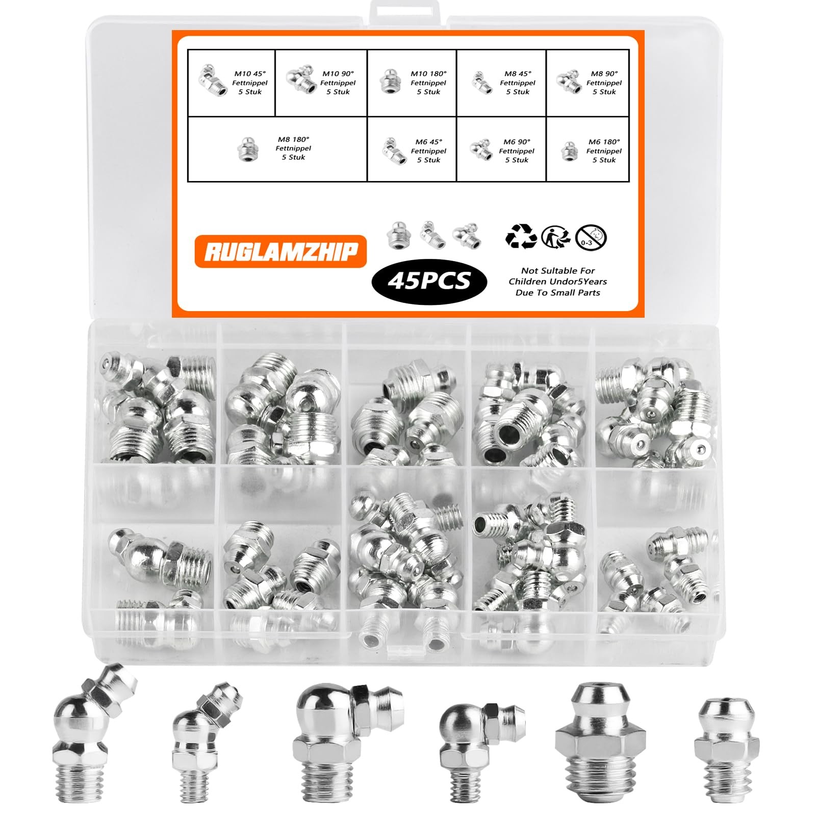 45pcs Metric Grease Fittings Kit,Hydraulic Grease Zerk Assortment Kit, 45 90 ...