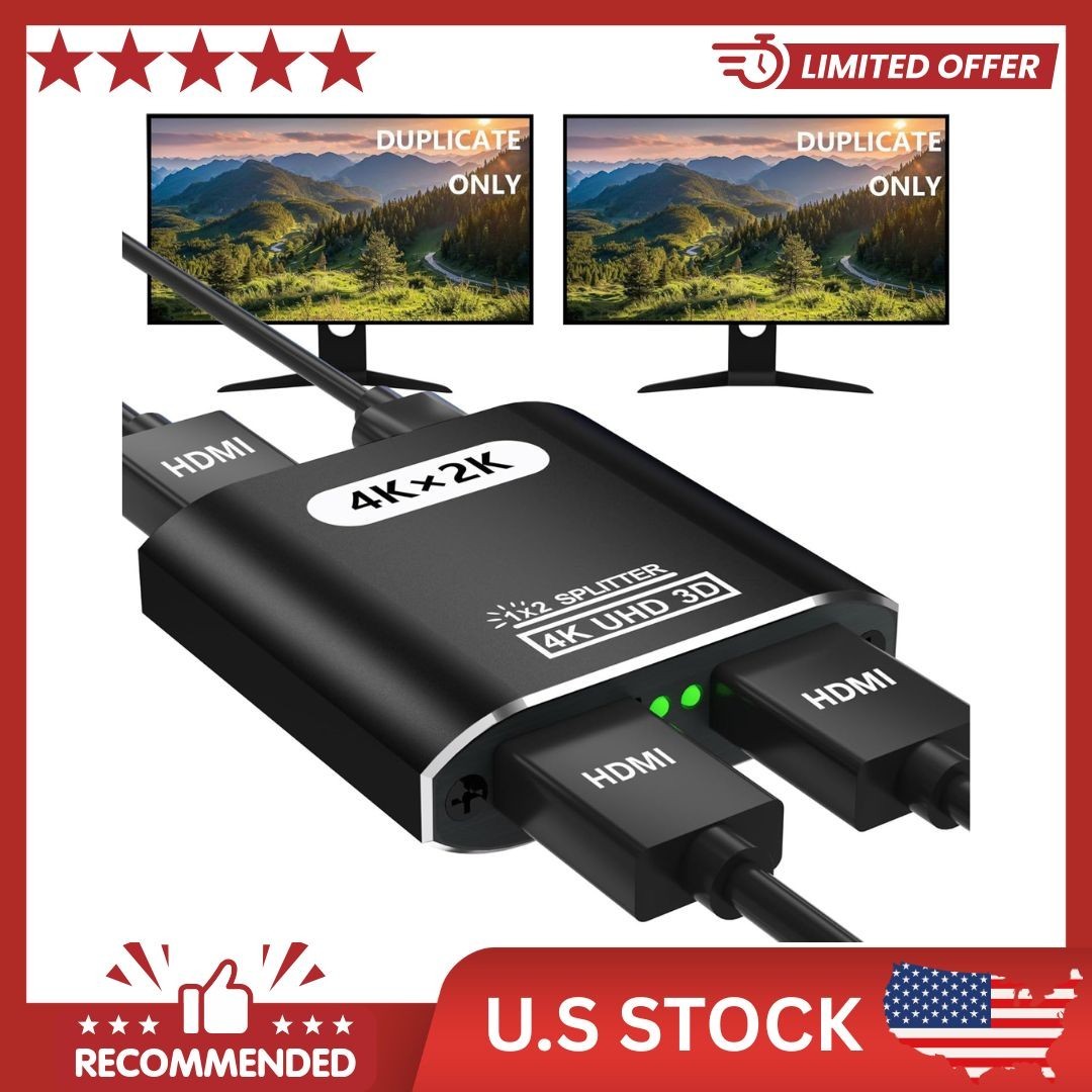 HDMI Splitter 1 In 2 Out - Aluminum 4K Signal V1.4 Powered HDCP Bypass Supports*