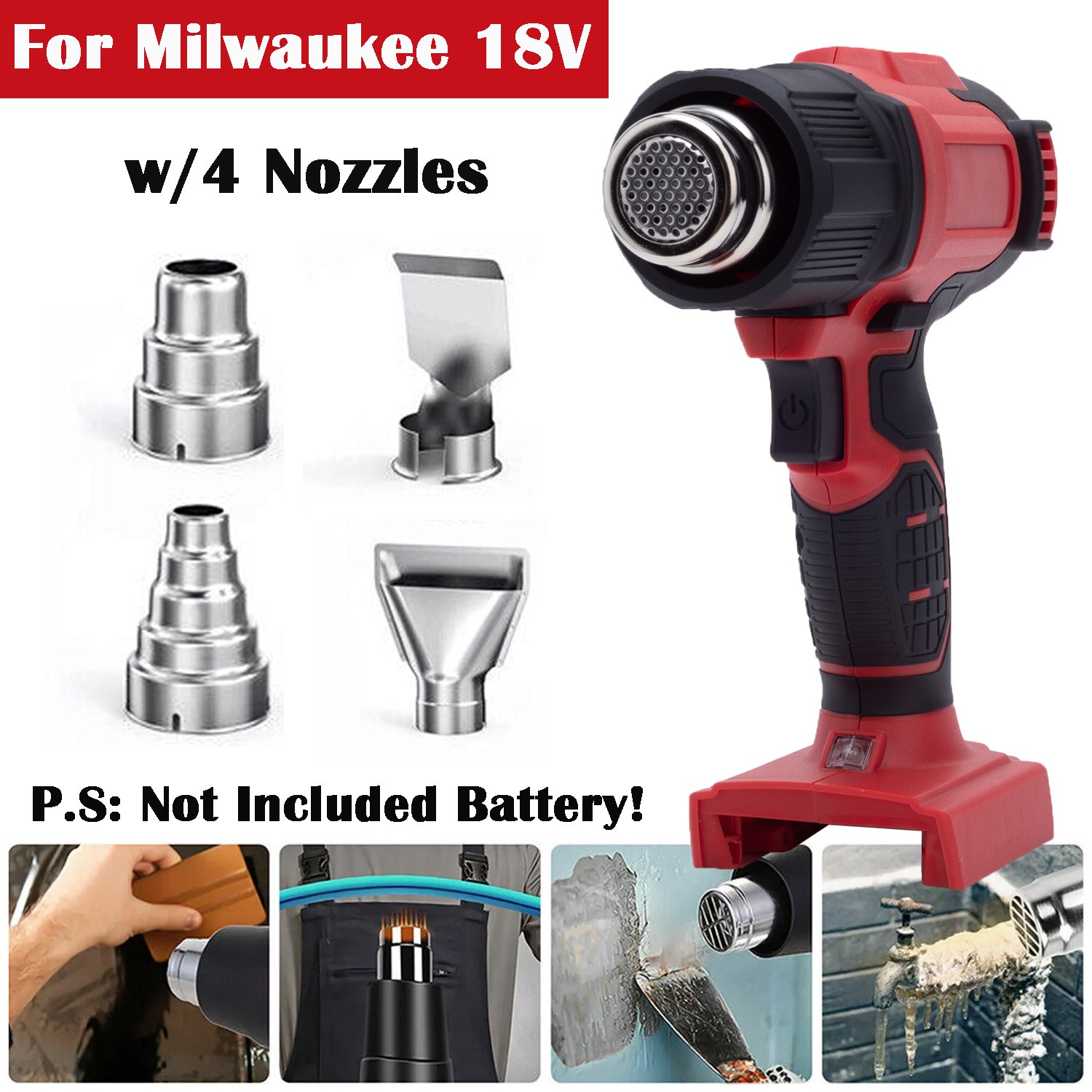 360W Cordless Heat Gun for Milwaukee 18V Lithium Battery Hot Air Gun w/4 Nozzles