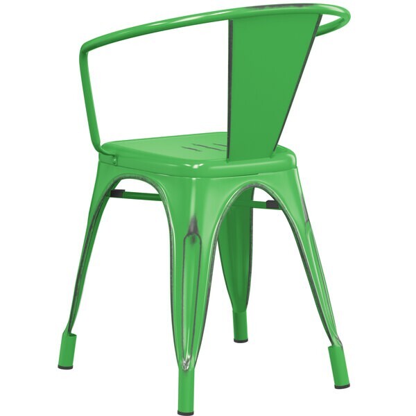Cafe Style Stackable Distressed Green Metal Restaurant Chair For Outdoor Use