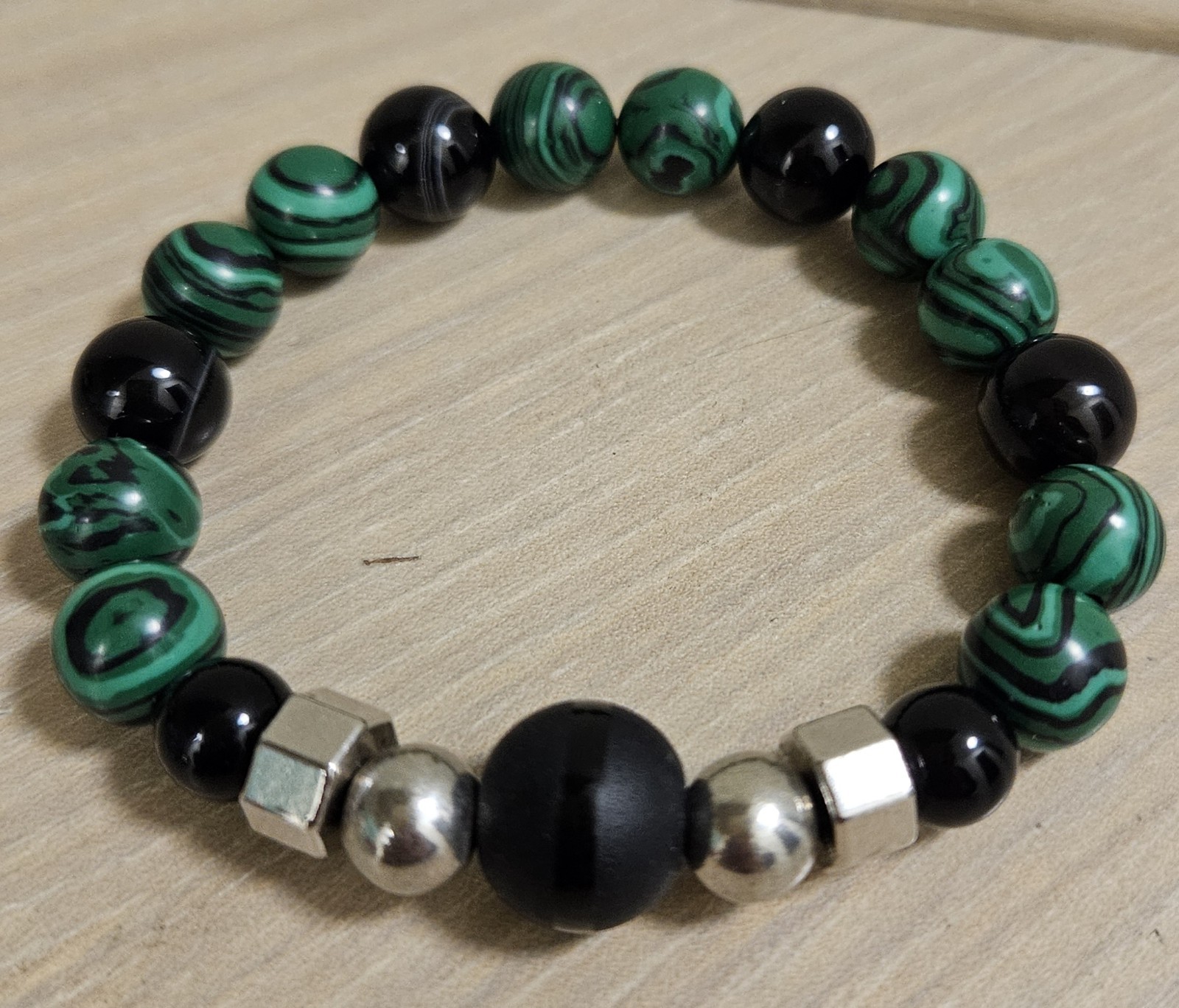 Malachite and Black Onyx Gemstone & Silver 10mm Beaded Stretch Bracelet