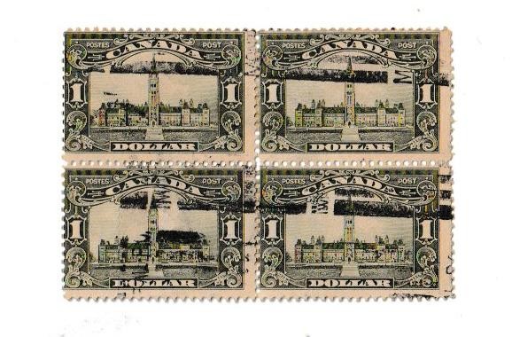 Dealer Close-out,  Canada #159 used fine block of four, cat $300