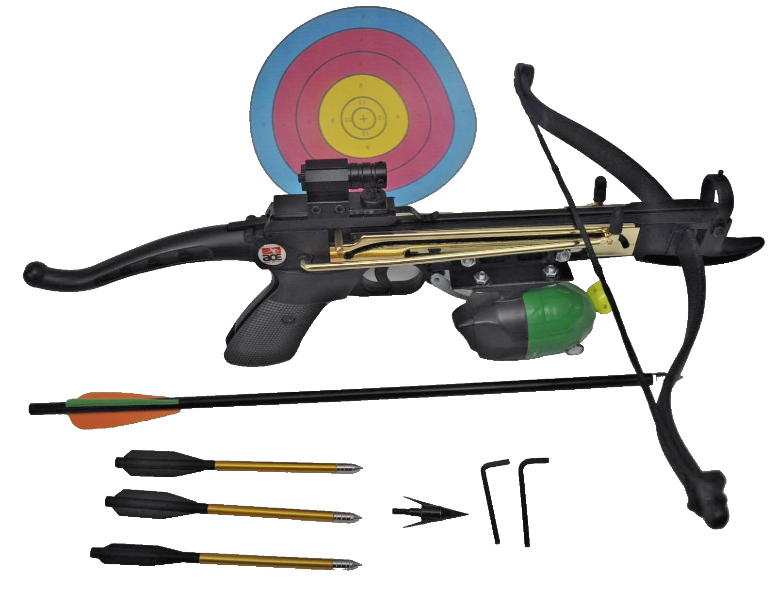 80 lbs. FISHING CROSSBOW w/ Red Laser, Green Fishing Reel, 3 Bolts, Arrow & Tips