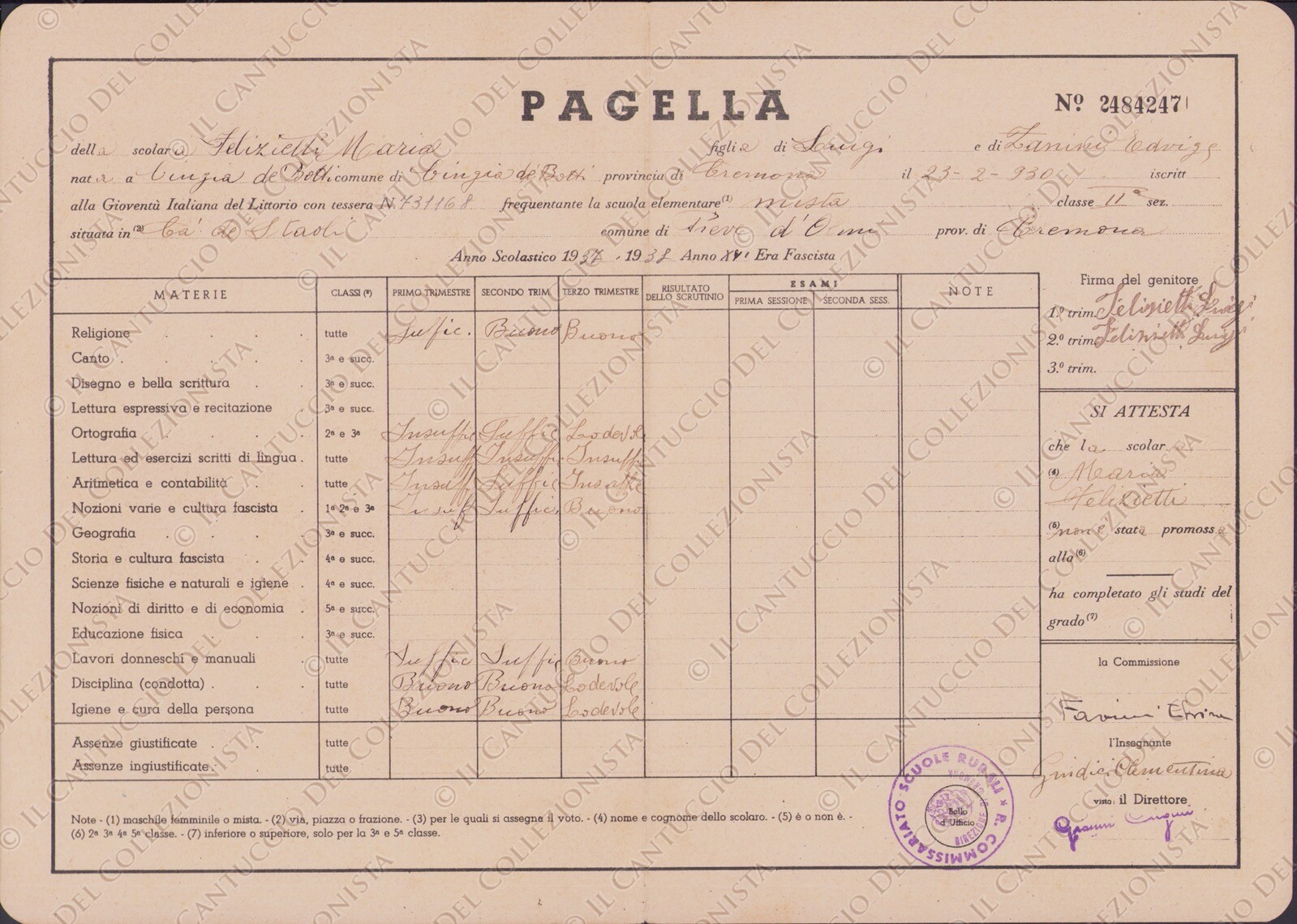 1938 Pagella scolastica Ministero educazione Nazionale Anno XVI PNF GIL