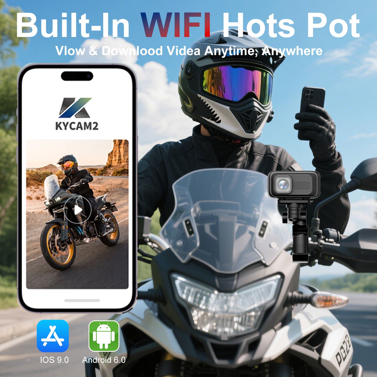 Motorcycle Dash Camera 2K HD 140° Wide Angle WiFi APP 64GB SD Card Waterproof