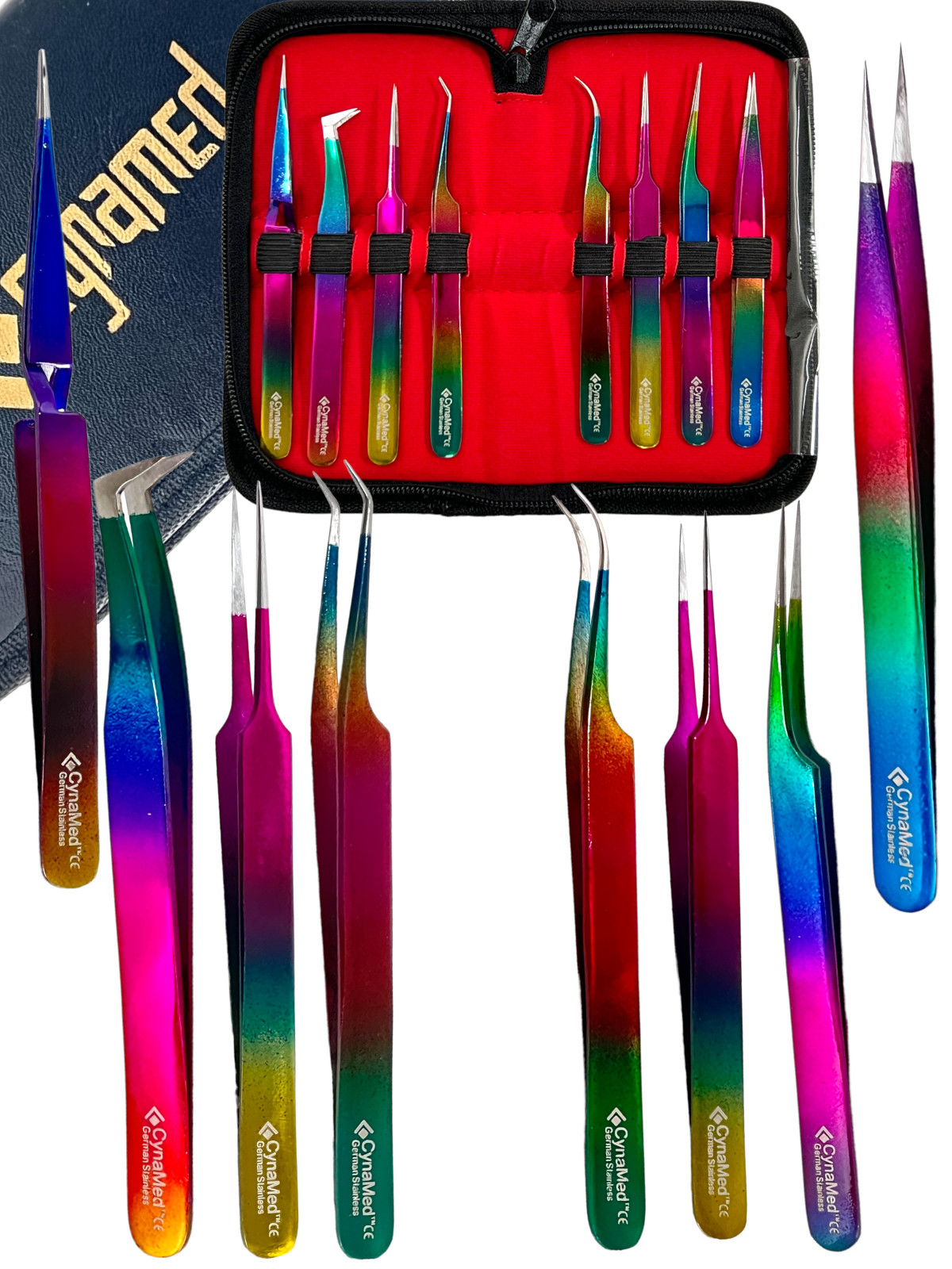 OR Set of 8 Piece Stainless Steel Multi Rainbow Color Eyelash Extension Tweezers