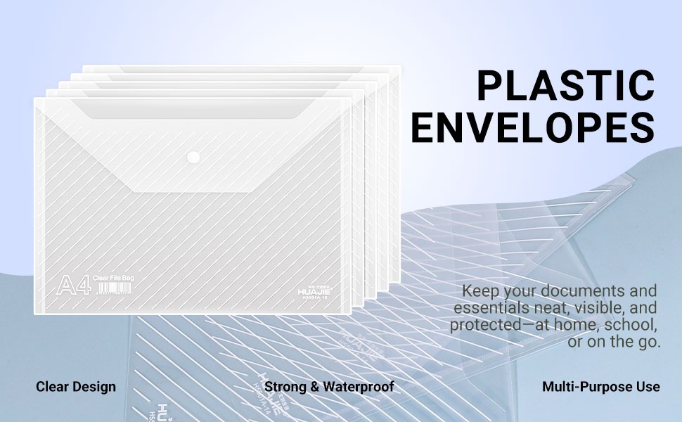 10 Pack, Plastic Envelopes – Transparent Waterproof Reusable File Folders for A4