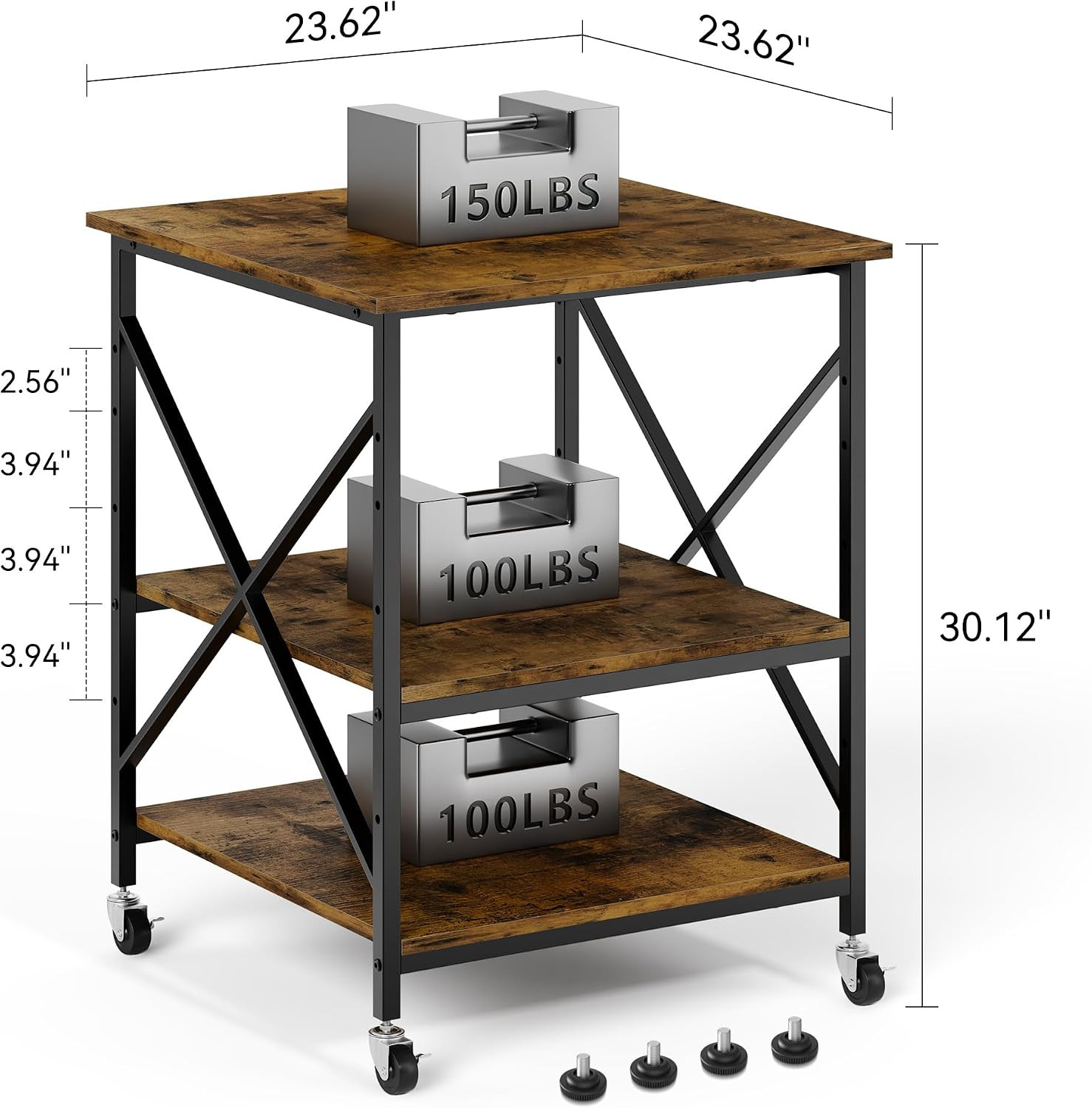 24"X24"X30" Large Printer Stand with Storage, 3 Tier Rolling Printer Cart Table,