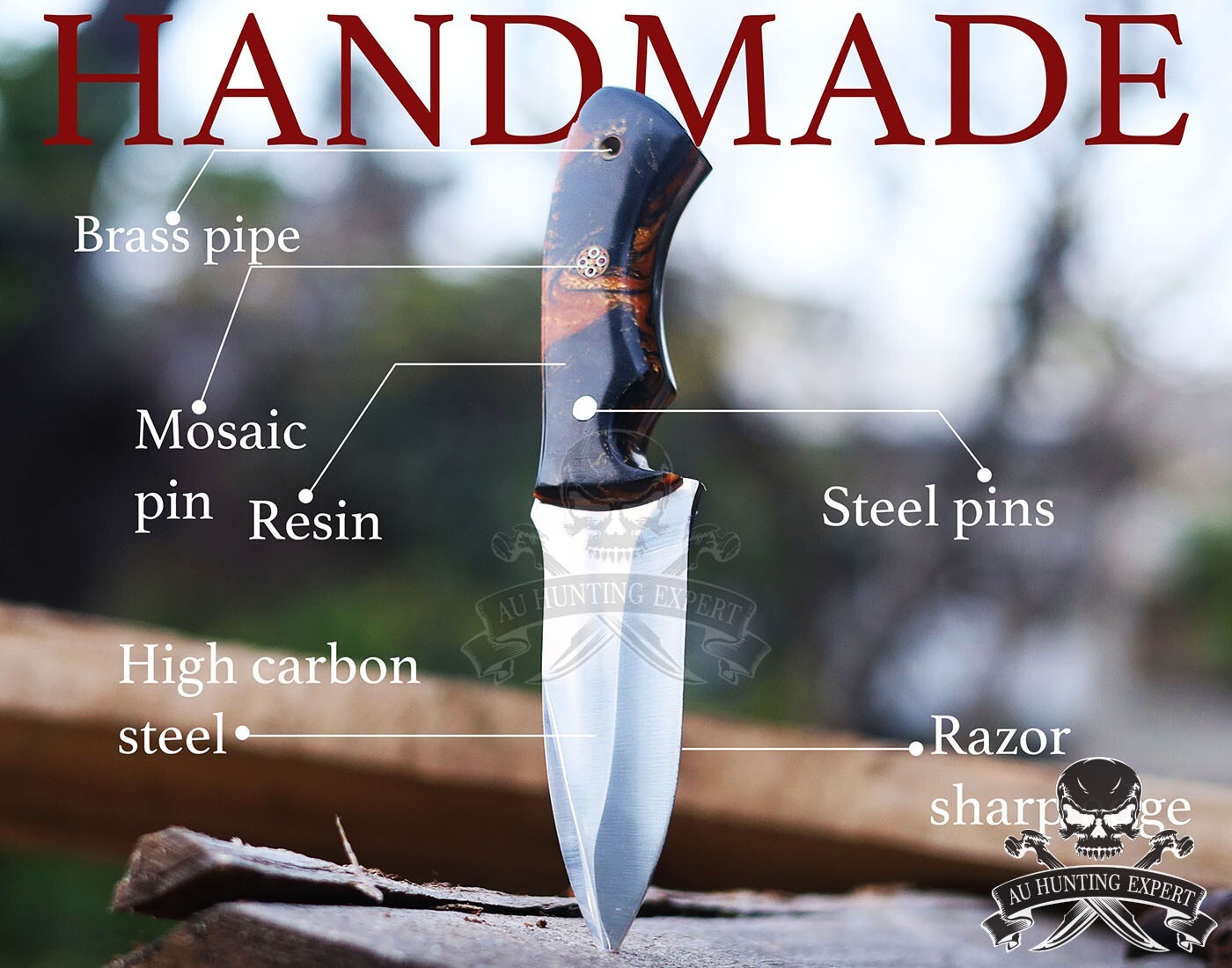 Hunting Full Tang Skinner Hunting Knife with Leather Sheath 8"