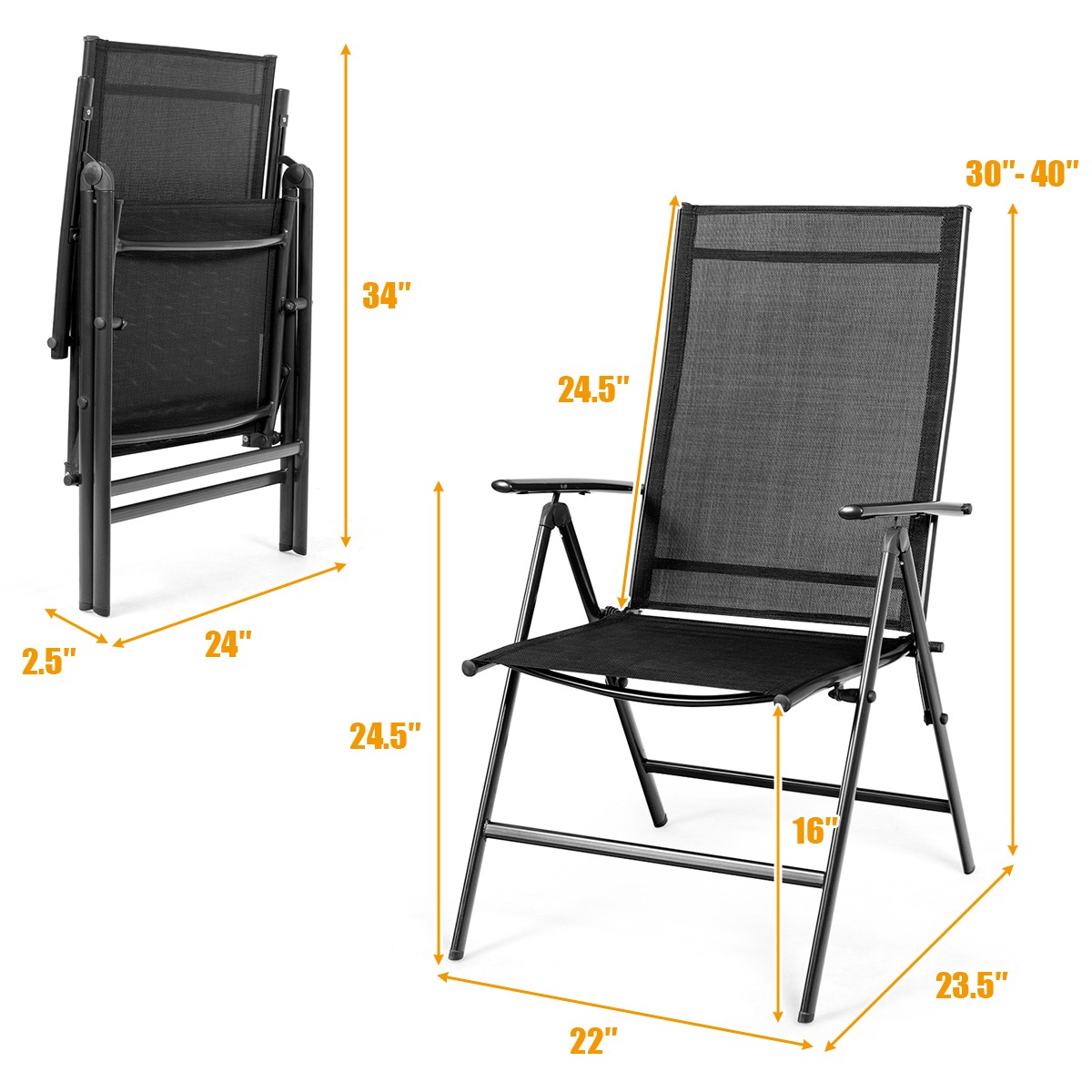 Set of 2 Patio Folding Dining Chair Recliner Adjustable Camping Portable Black