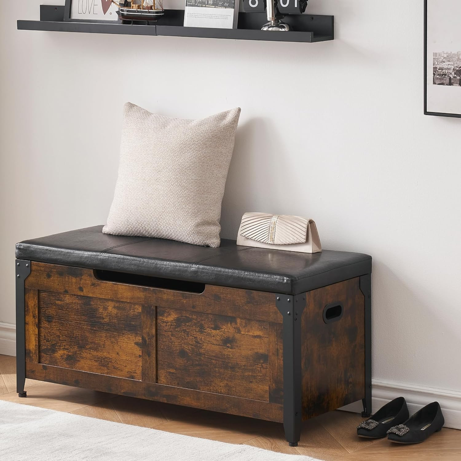 Storage Chest, Wooden Storage Trunk with Metal Frame, Entryway Shoes Bench with