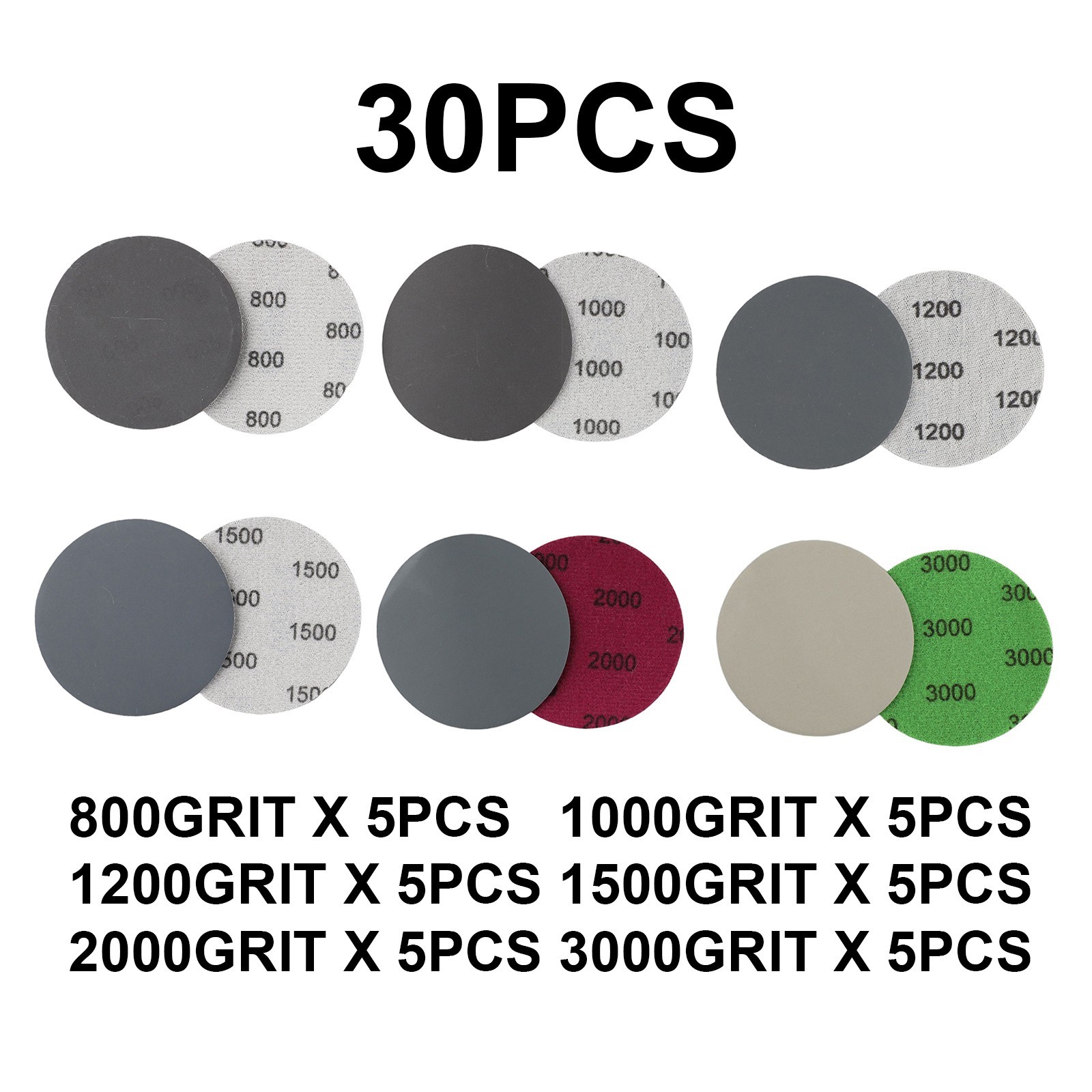 30pcs 3 75mm Hook&Loop Wet/Dry 800 1000 1200 1500 2000 3000 Grit Sanding/ Discs