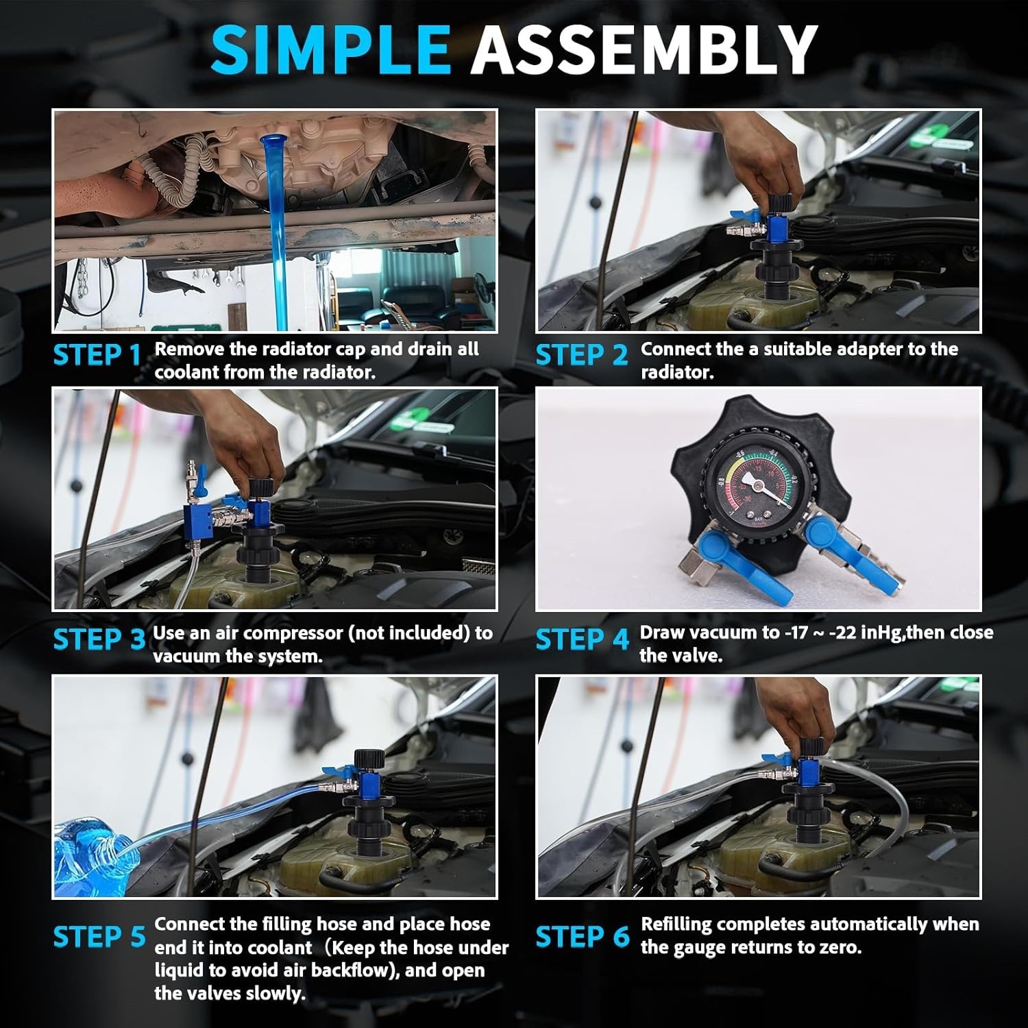 Cooling System Vacuum Fill Tool Radiator Pressure Tester Test Kit With Adapters