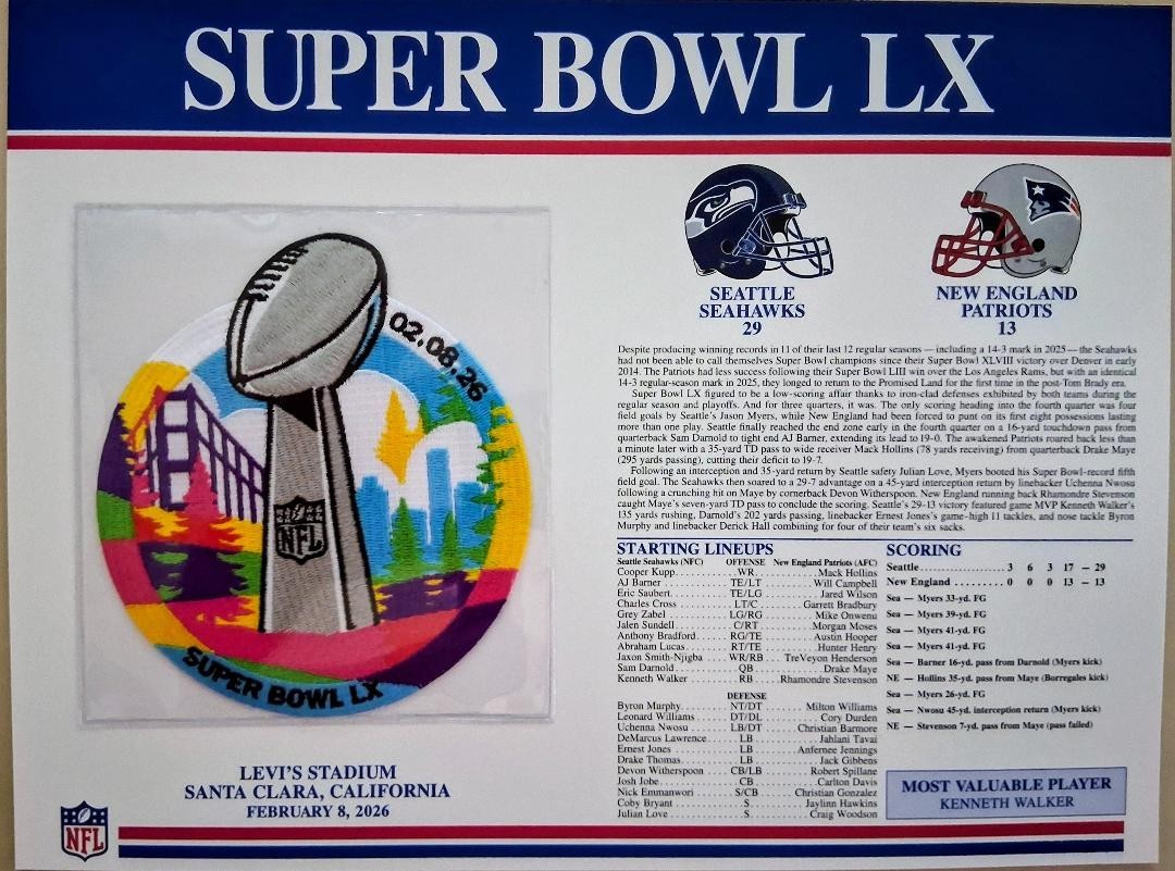Willabee Ward Super Bowl Patch 60 Panel/Stats Seahawks vs. Patriots + See Bonus
