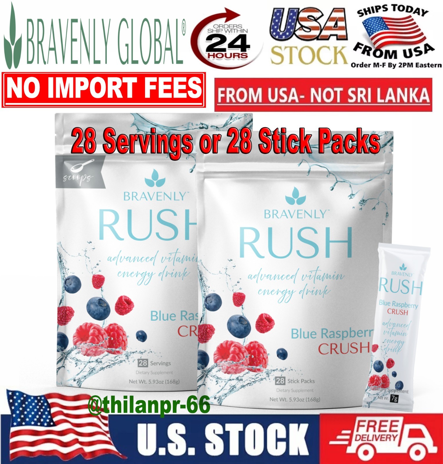 Bravenly Global Rush Blue Raspberry Crush Energy Drink Powder 28 Stick Packs 🔥