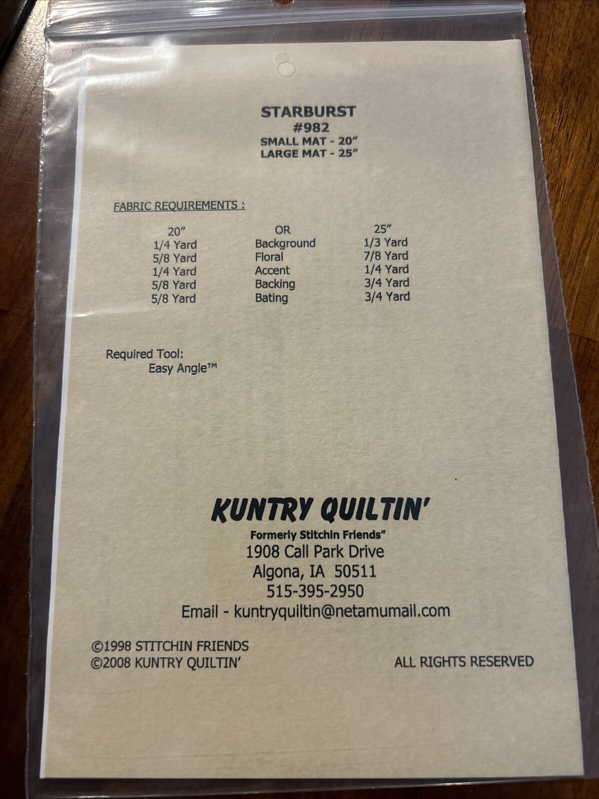 Starburst Tablemat Pattern #982 Kuntry Quiltin New