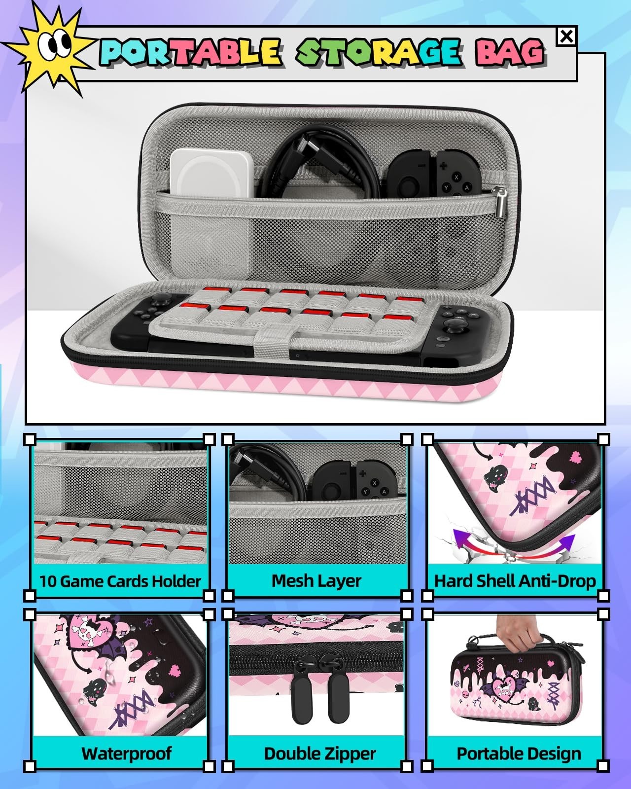 6-in-1 Nintendo Switch Accessories Bundle - Cute Carrying Case, Joy-Con Grips, G