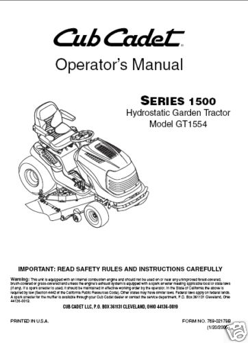 Cub Cadet Operators Manual Model No. GT 1554