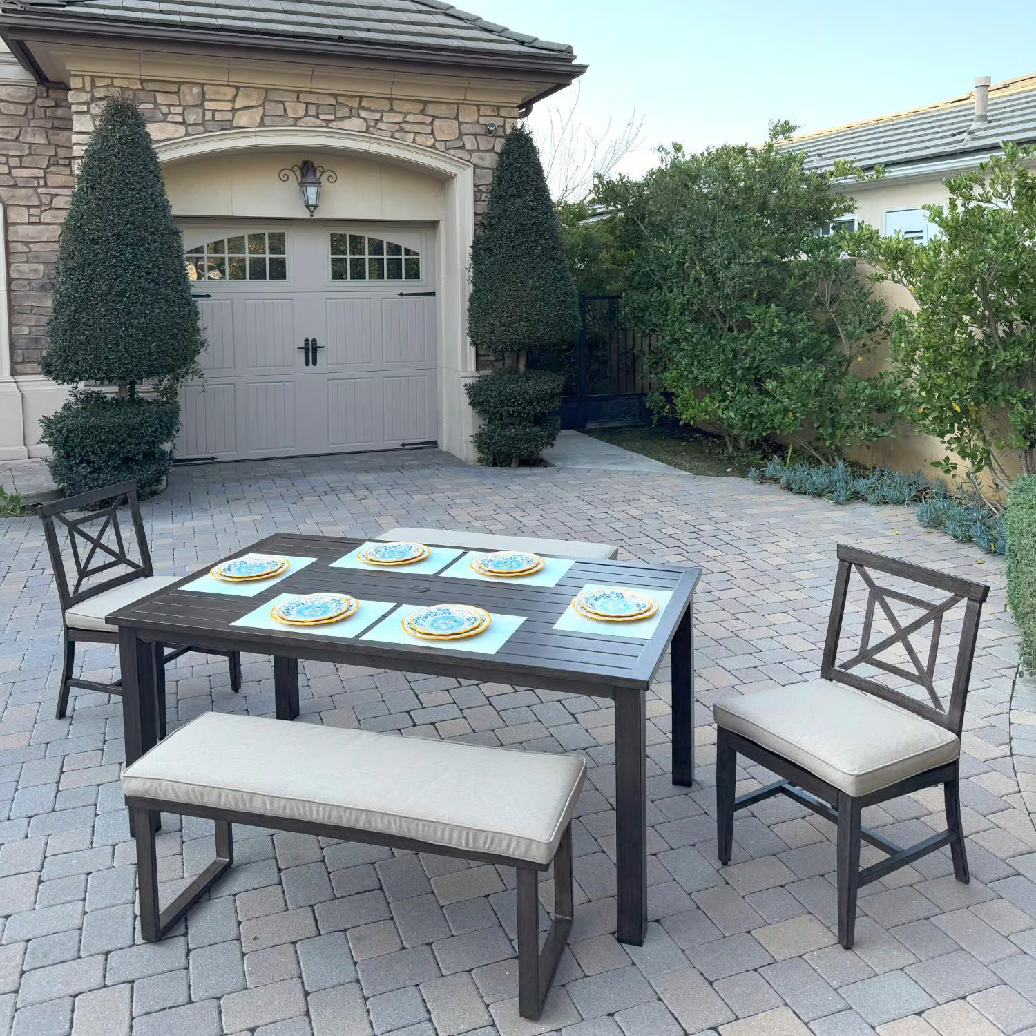 Atlantis 5 Pc Aluminum Dining Set 2 Dining Side Chairs & 2 Two Person Benches