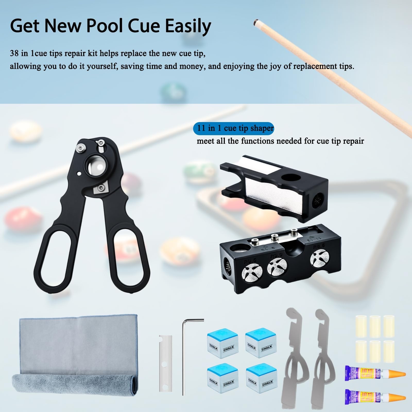 38PCS Pool Cue Tips Replacement Kit, 13mm Pool Stick Tips Replacement Kit Bil...