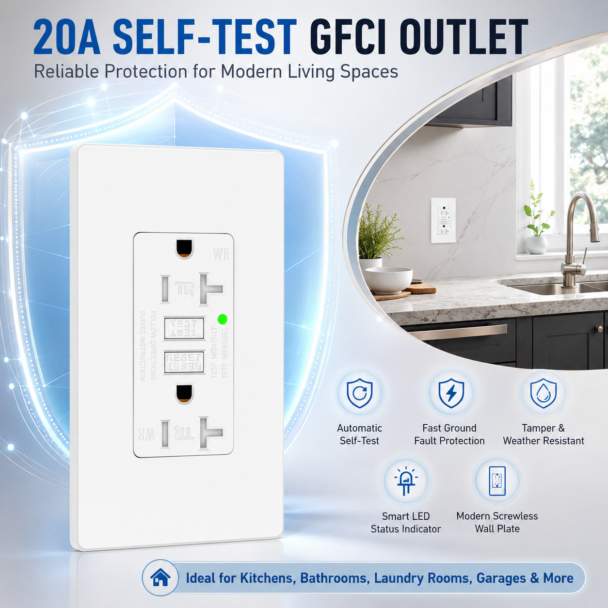 20A Self-Test GFCI Outlet, TR WR Receptacle with an LED and Screwless Plate 1PK