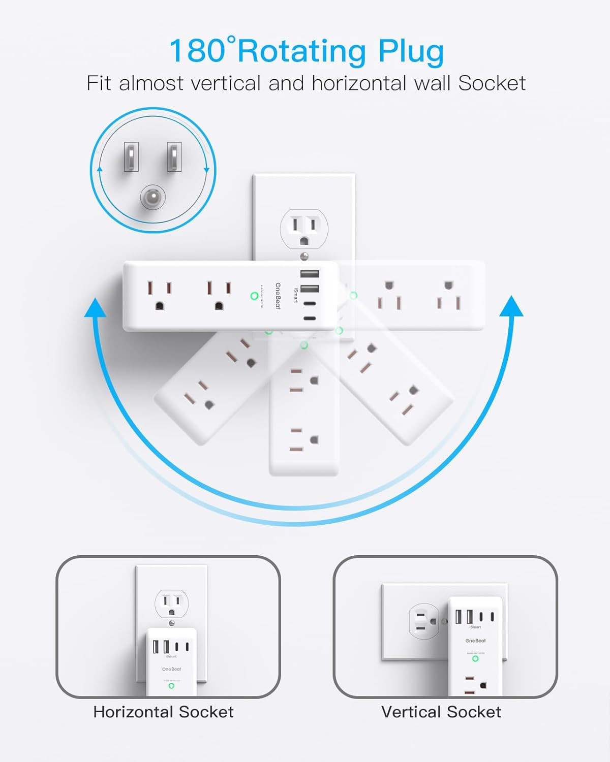 Surge Protector Outlet Extender - with Rotating Plug, 6 AC Multi Plug Outlet wit