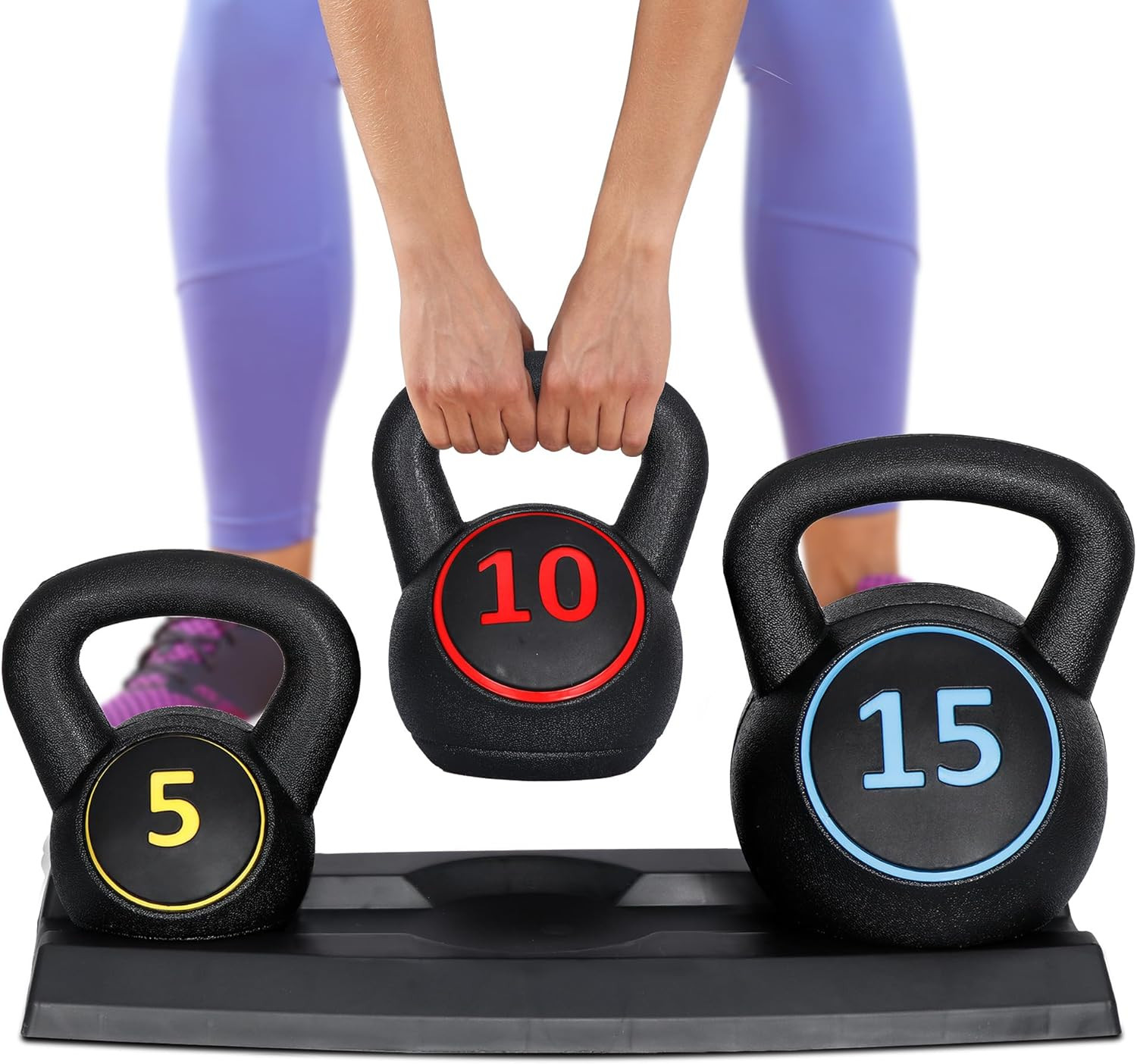 F2C 3-Piece Kettlebell Set with Storage Rack 5Lb, 10Lb, 15Lb Weights HDPE Coated