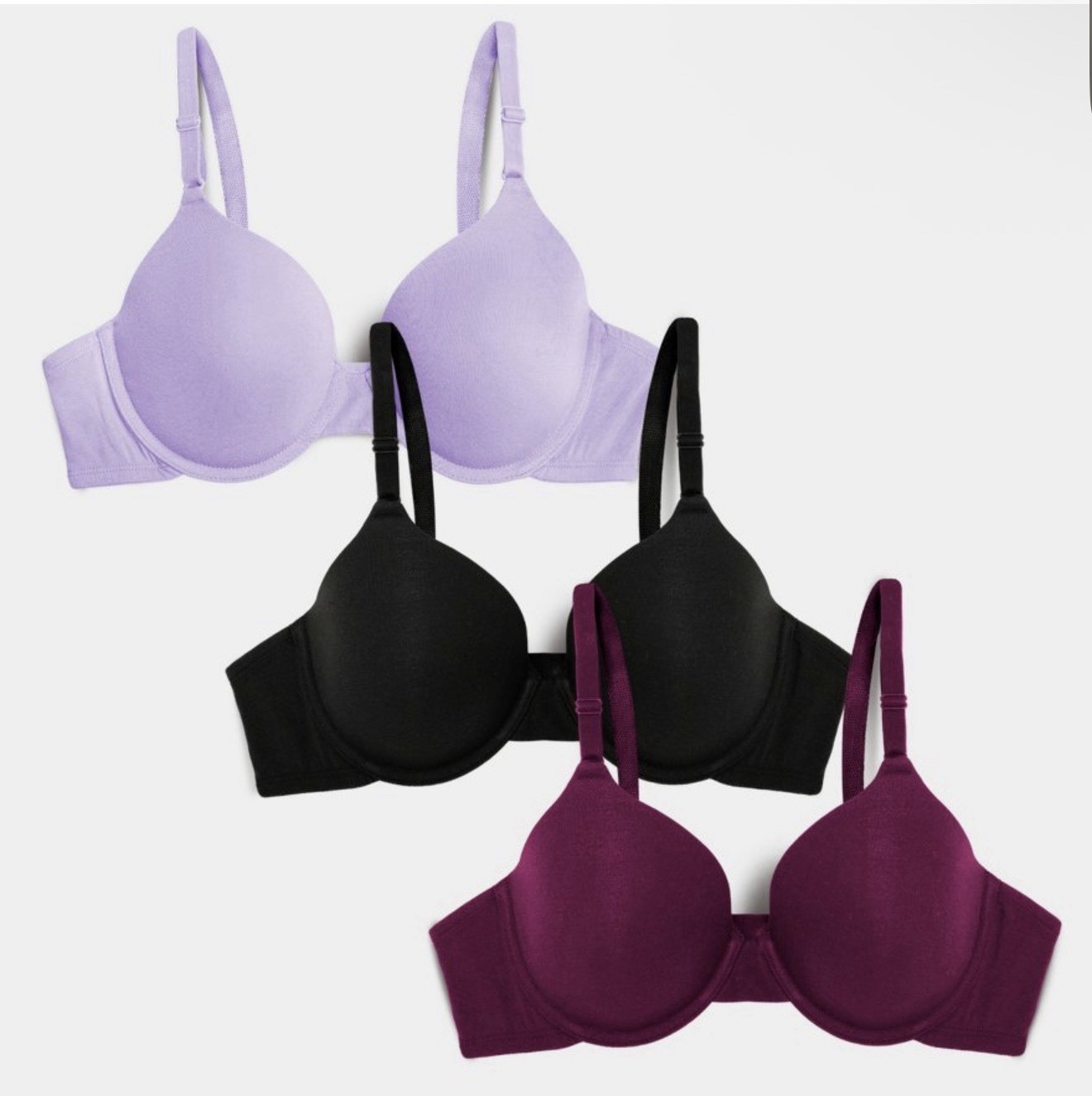 Fruit of the Loom Women's T-Shirt Bra 3 Pk Lilac Whisper/Purple/Black SZ 36D New
