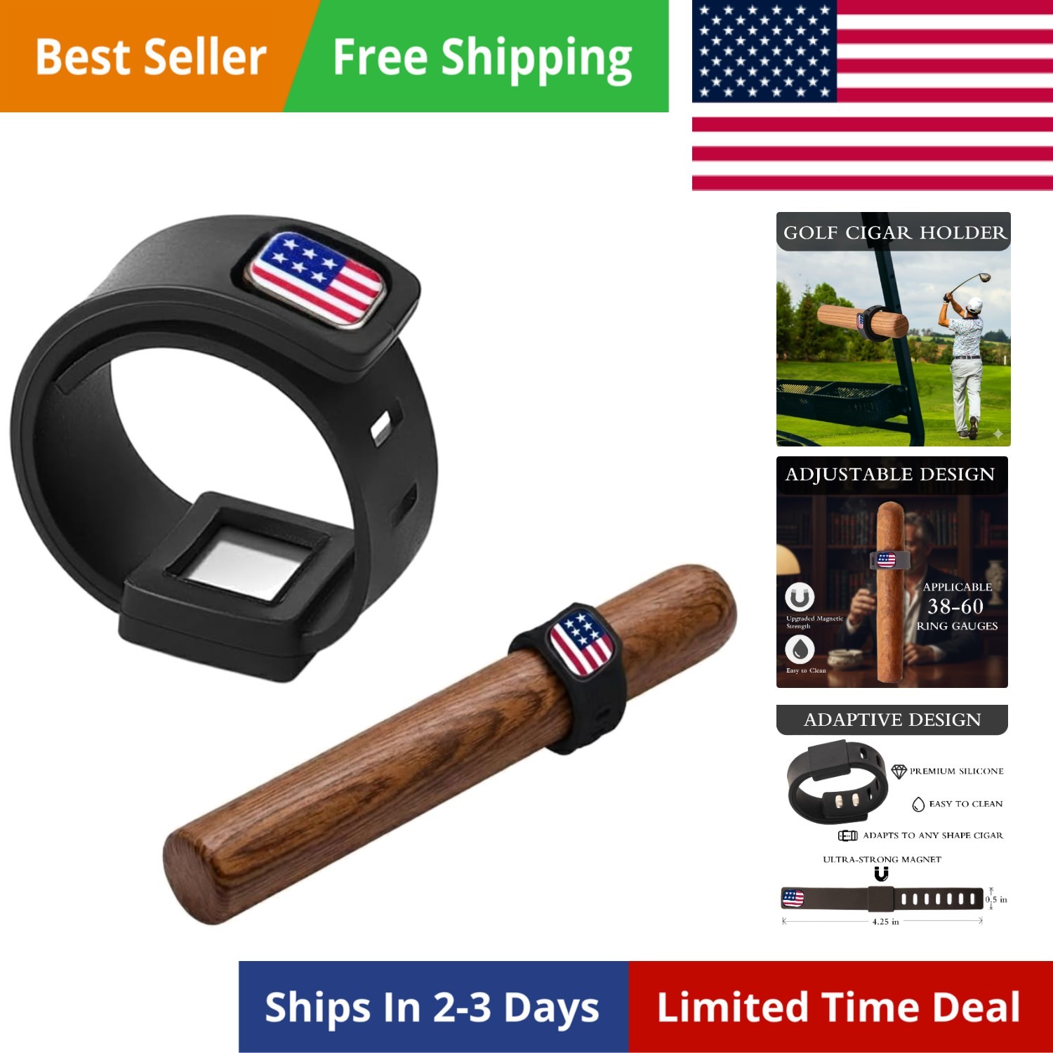Magnetic Cigar Holder Golf Cart Strong 2 Magnets Anti-Slip Adjustable Strap Clip