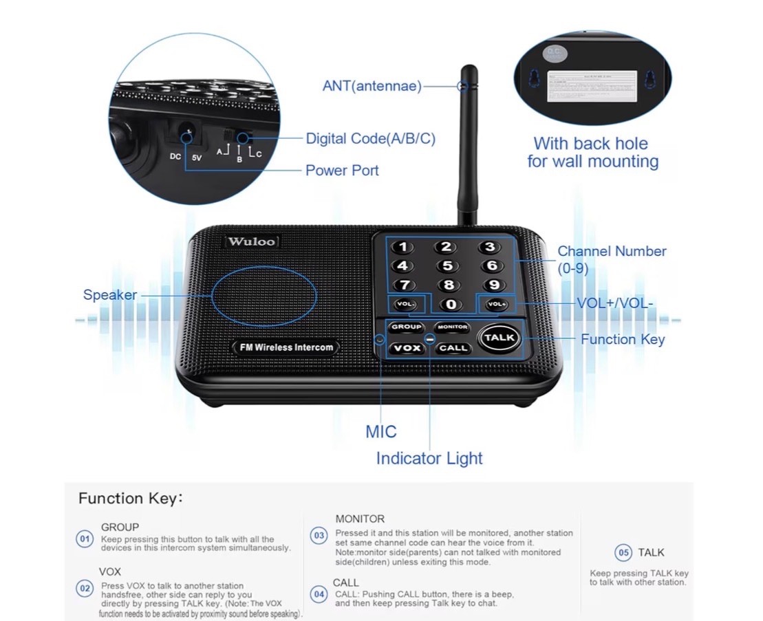 Wuloo Wireless Home Intercom System; 5280 Feet Range, 10 Channel, 3 Code, 6 Pack