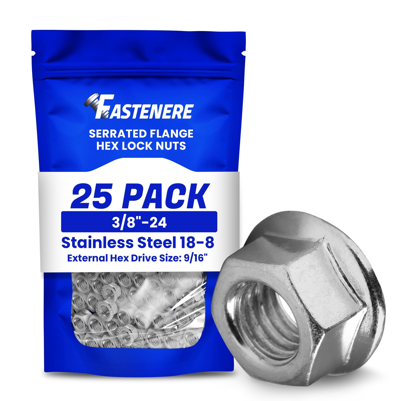 Fastenere Serrated Flange Nuts – 3/8"24 25Pack, Durable Stainless Steel 188 H...