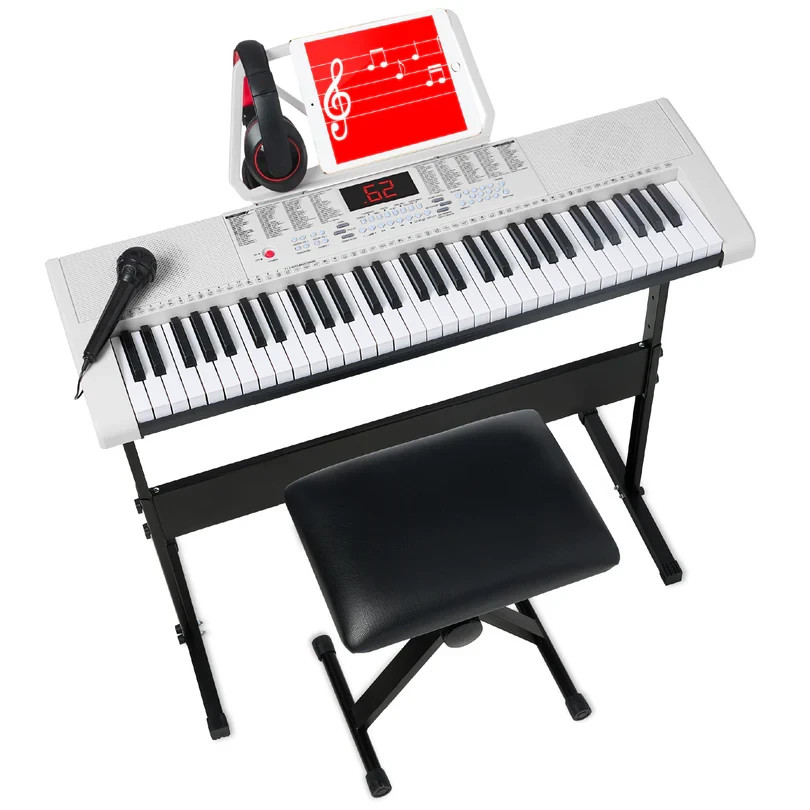 61-Key Beginners Electronic Keyboard Piano Set w/ 3 Modes, Microphone, White