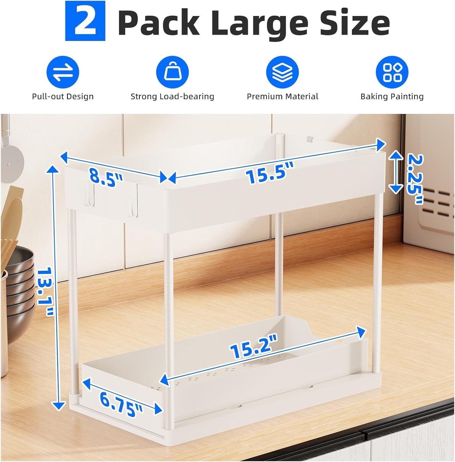 2pack Under Sink Organizer with Sliding Drawer, White | 2-Tier Multi-Use