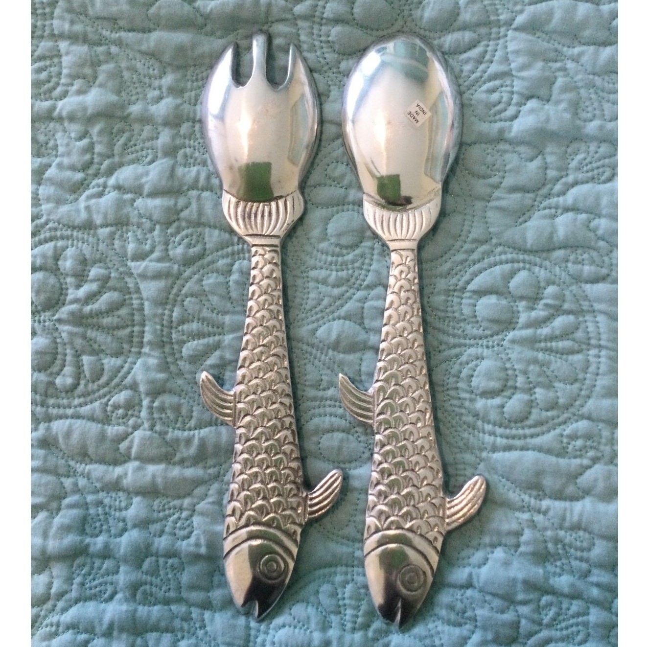 Salad Serving Utensils Fork and Spoon Sandcast Aluminum 12"