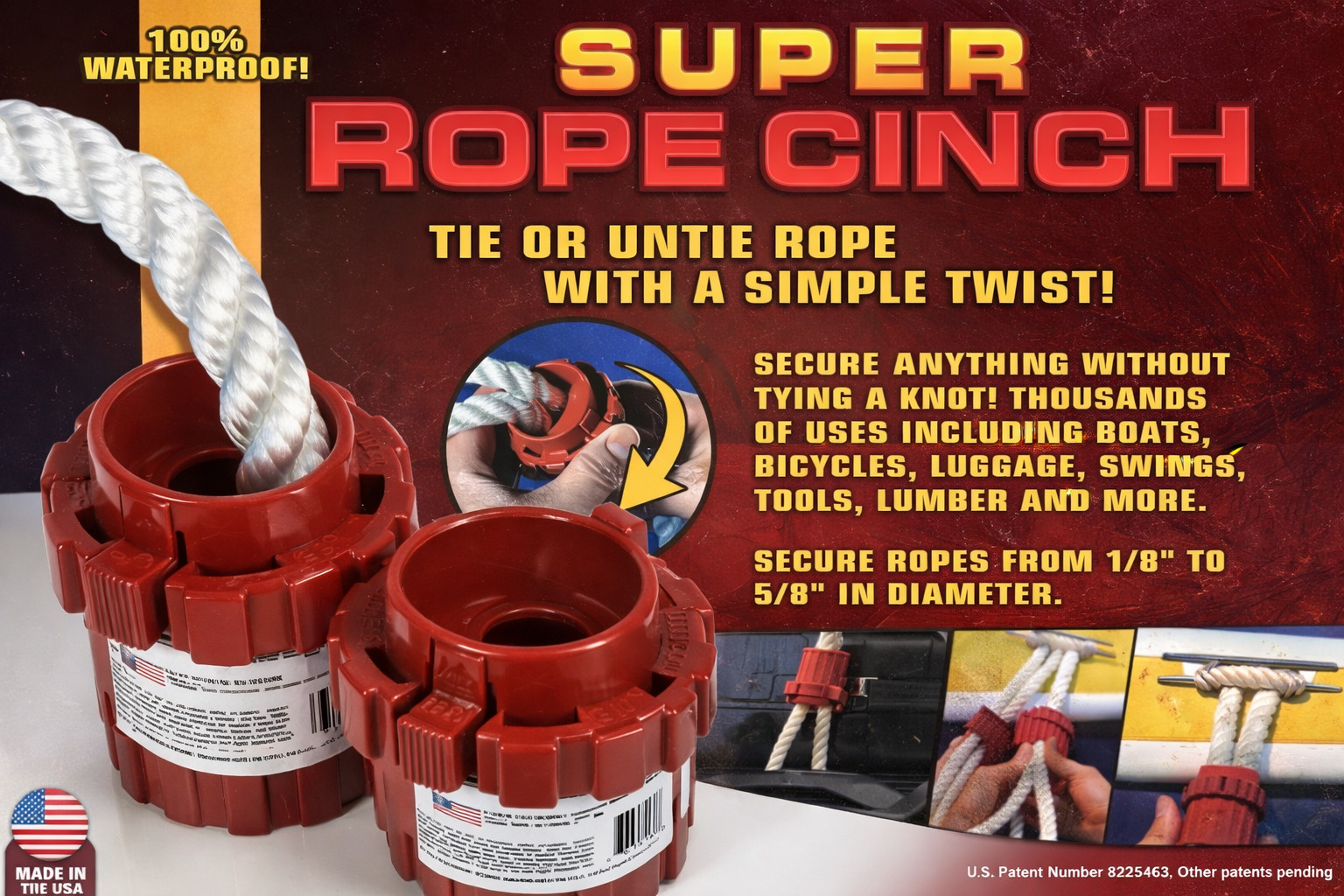 Super Rope Cinch Twist Lock Rope Tie 1/8"–5/8" USA Made Waterproof 2-Pack