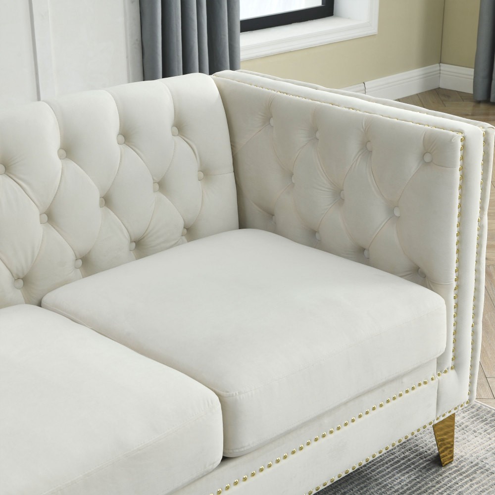 Velvet Sofa 3-Seater Tufted Chesterfield w/ Metal Legs Beige