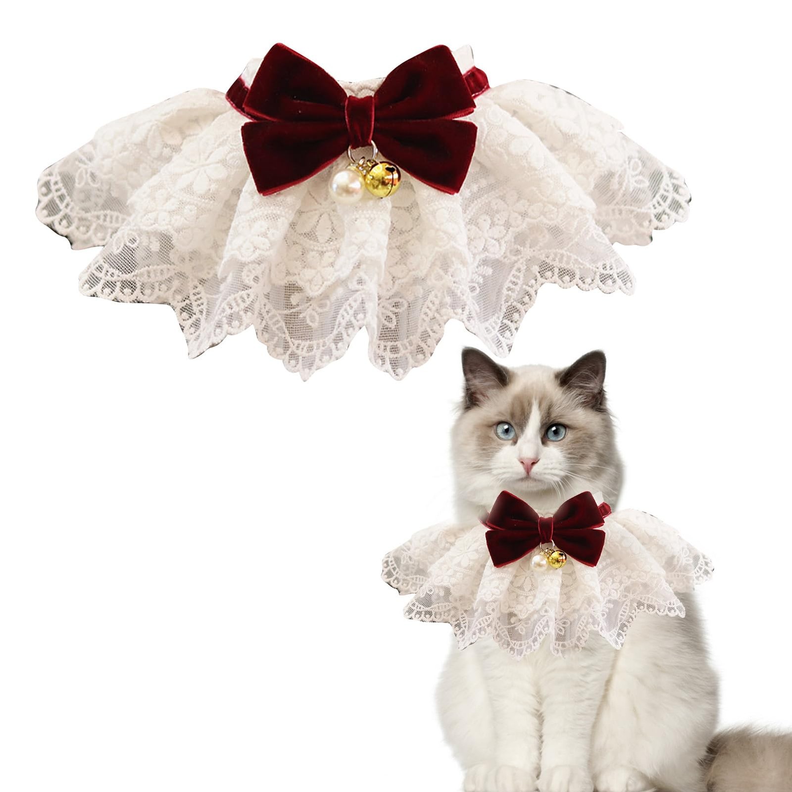 HEEPDD Cat Lace Bib Collar with Bow, Decorative Pet Bandana Scarf S, Wine Red