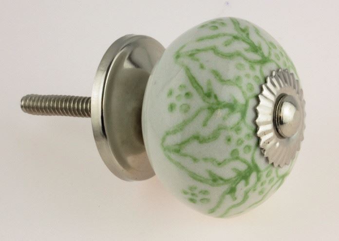 1-1/2"  Leaves Ceramic Knob White & Green