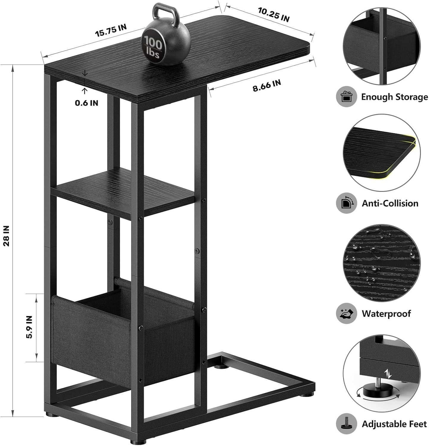 C Shaped End Table, Small Side Table for Couch, Recliner with Storage Bag
