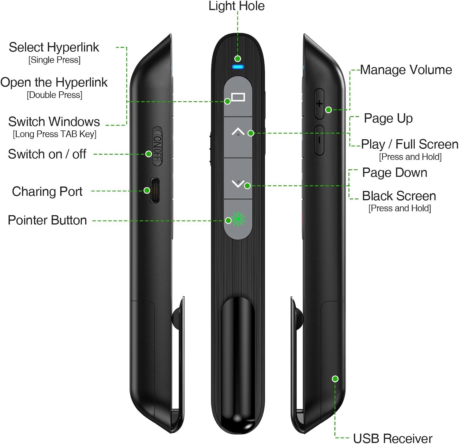 USB C Rechargeable Presentation Clicker with Green Light, Remote Clicker for Pre