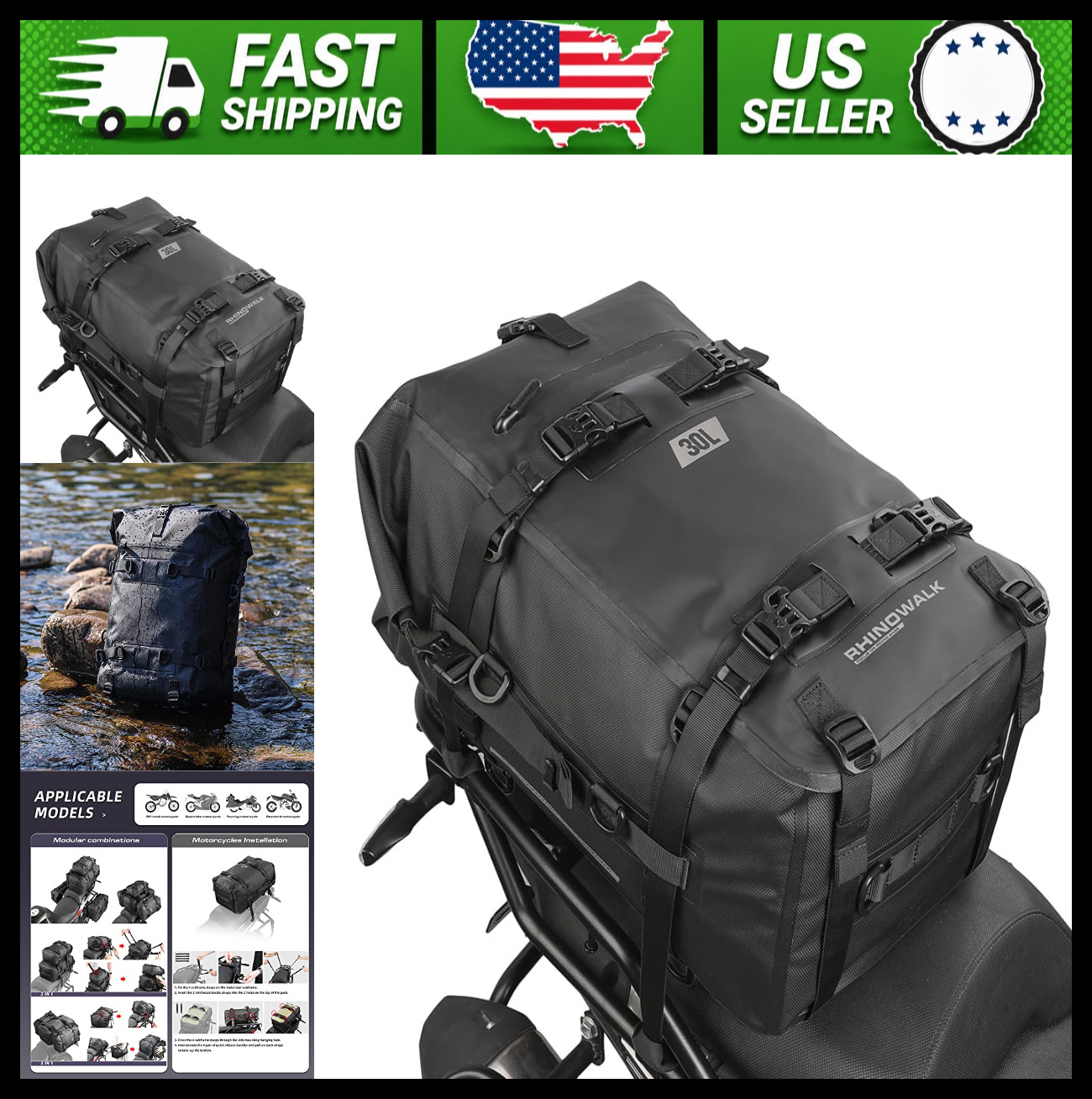 Rhinowalk Waterproof Motorcycle Tail Bag 30L Rear Rack Pannier Black
