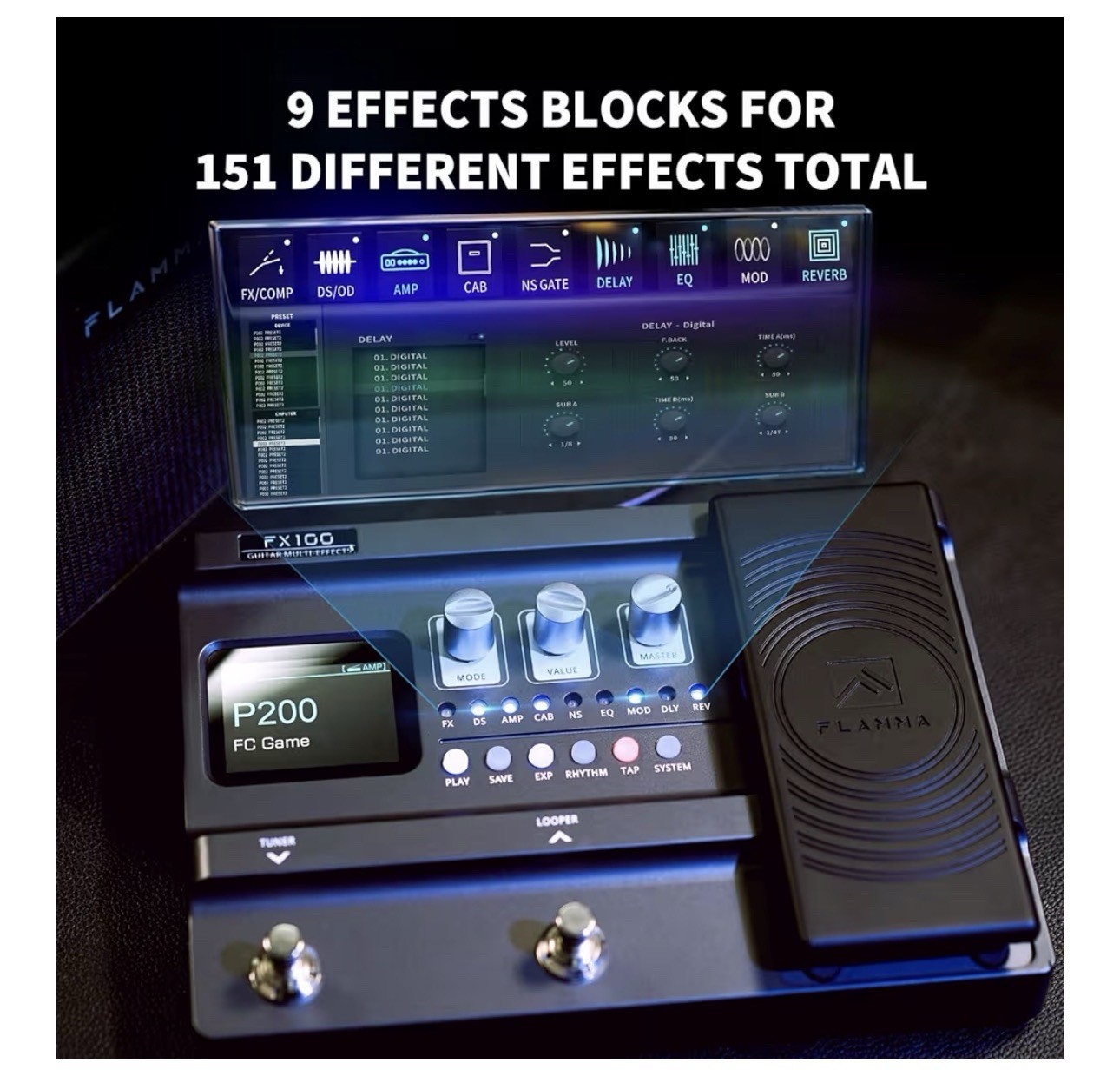 FLAMMA FX100 Guitar Multi-effects Pedal with 55 Amp Models 151 Built-in Effect